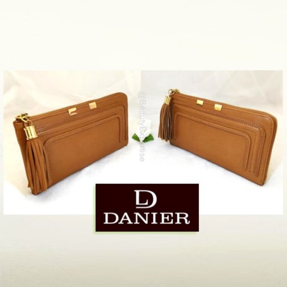 DANIER Genuine Leather Women’s Brown Zip Large Wallet Clutch Tassel Gold-tone - Picture 4 of 11